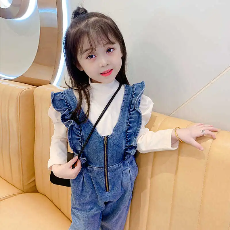 【80-130】伸縮性のある無地デニム韓国系ギャザー飾り切り替え女の子ボトムス