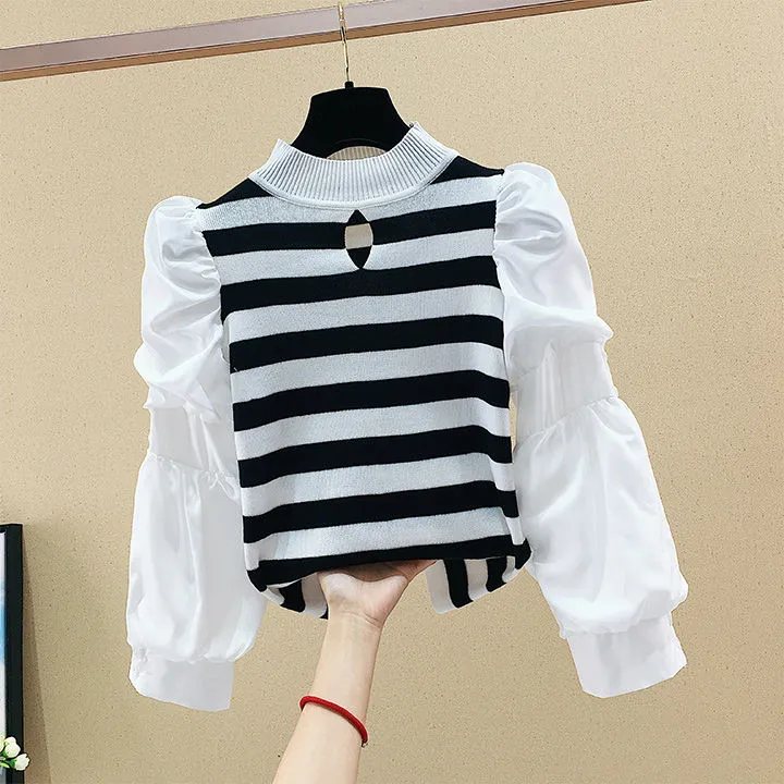 【110-160】ボーダー配色切り替えパフスリーブ長袖女の子トップス