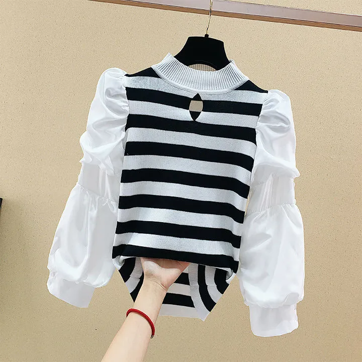 【110-160】ボーダー配色切り替えパフスリーブ長袖女の子トップス