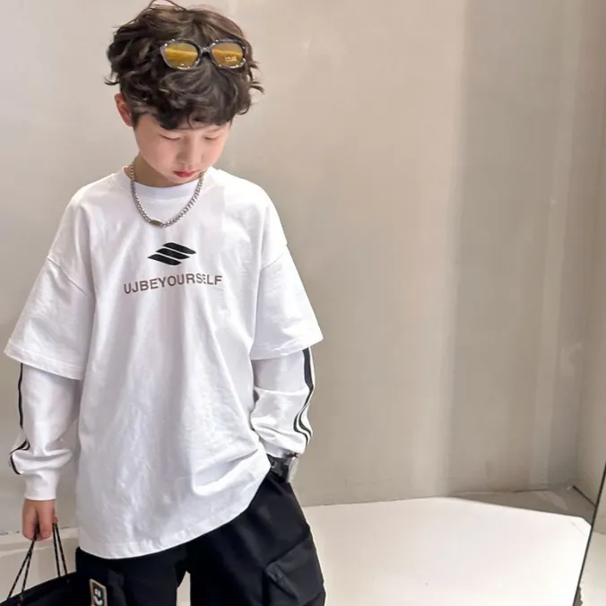 【120-160】レイヤード切り替えプリントアルファベット長袖男の子トップス