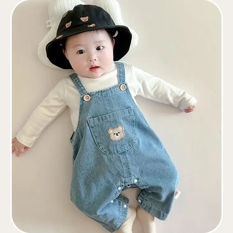 【73-100】無地シンプル長袖Tシャツ+デニムクマ柄サロペットベビー服 ロンパースセット