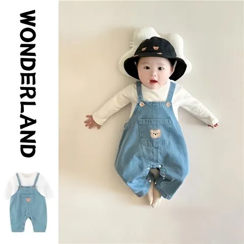 【73-100】無地シンプル長袖Tシャツ+デニムクマ柄サロペットベビー服 ロンパースセット