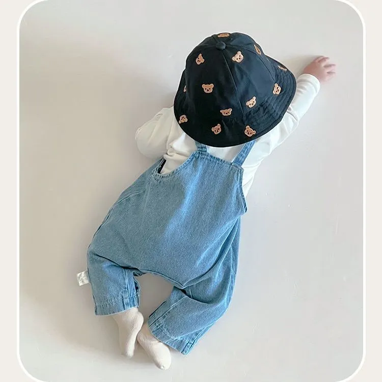 【73-100】無地シンプル長袖Tシャツ+デニムクマ柄サロペットベビー服 ロンパースセット