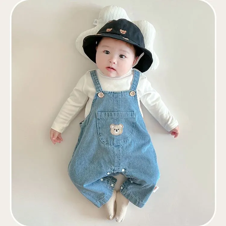 【73-100】無地シンプル長袖Tシャツ+デニムクマ柄サロペットベビー服 ロンパースセット