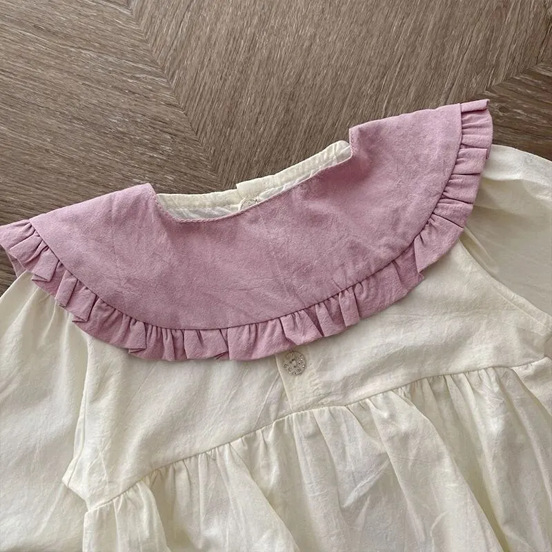 【66-90】春新作可愛い小花刺しゅうカラー付きロンパース