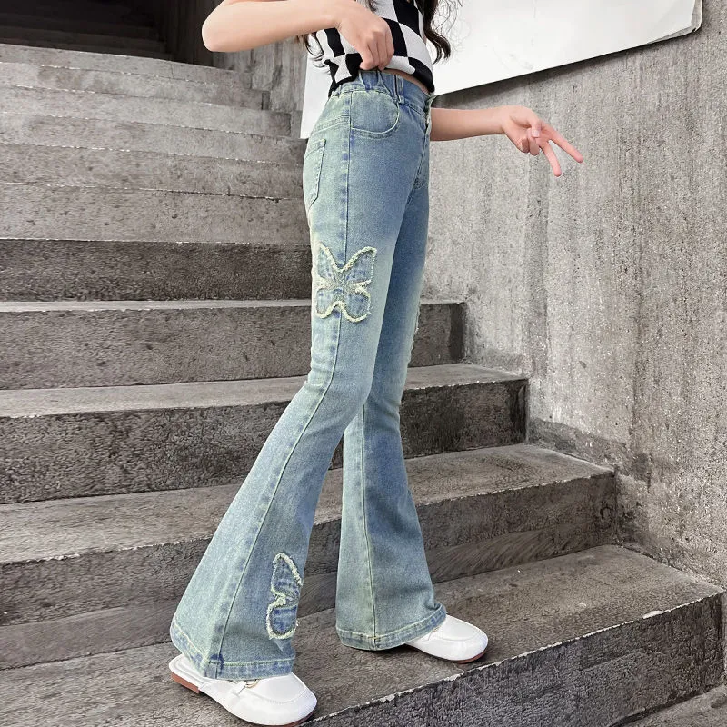 【120-170】レトロ 伸縮性 バタフライ アップリケ デニム ジーンズ 春秋 子供服 キッズ ジュニア 女の子 ボトムス フレアパンツ
