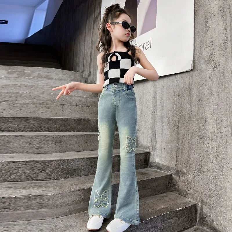 【120-170】レトロ 伸縮性 バタフライ アップリケ デニム ジーンズ 春秋 子供服 キッズ ジュニア 女の子 ボトムス フレアパンツ