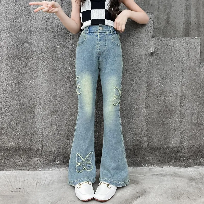 【120-170】レトロ 伸縮性 バタフライ アップリケ デニム ジーンズ 春秋 子供服 キッズ ジュニア 女の子 ボトムス フレアパンツ