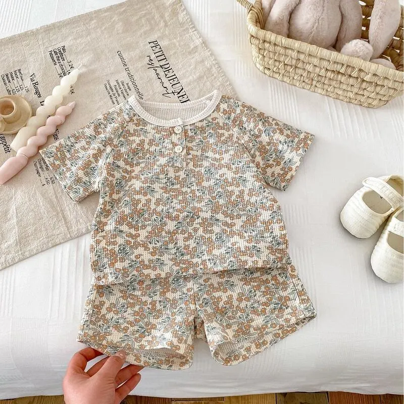 【73-120】夏新作 BABY 通気性 かわいいフルーツワッフルセットアップ