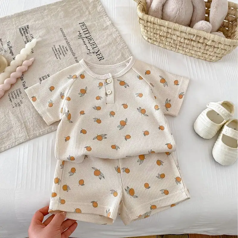 【73-120】夏新作 BABY 通気性 かわいいフルーツワッフルセットアップ