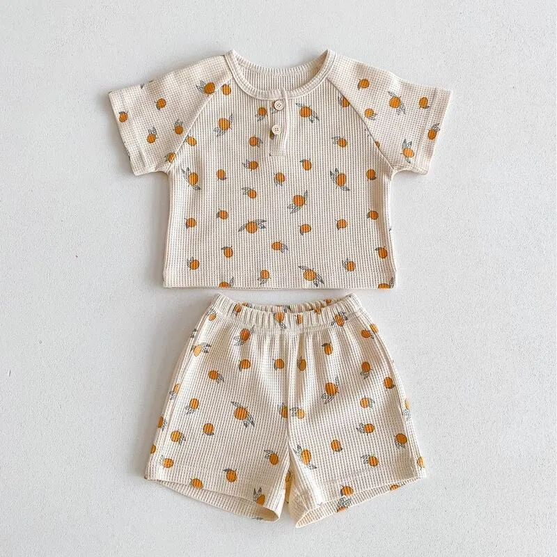 【73-120】夏新作 BABY 通気性 かわいいフルーツワッフルセットアップ