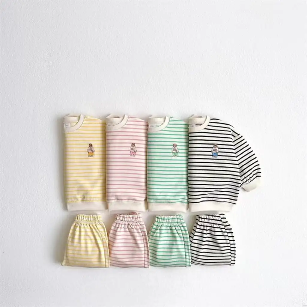 【73-100】BABY 4カラー 可愛いクマロゴボーダー柄セットアップ（納期10日程度）