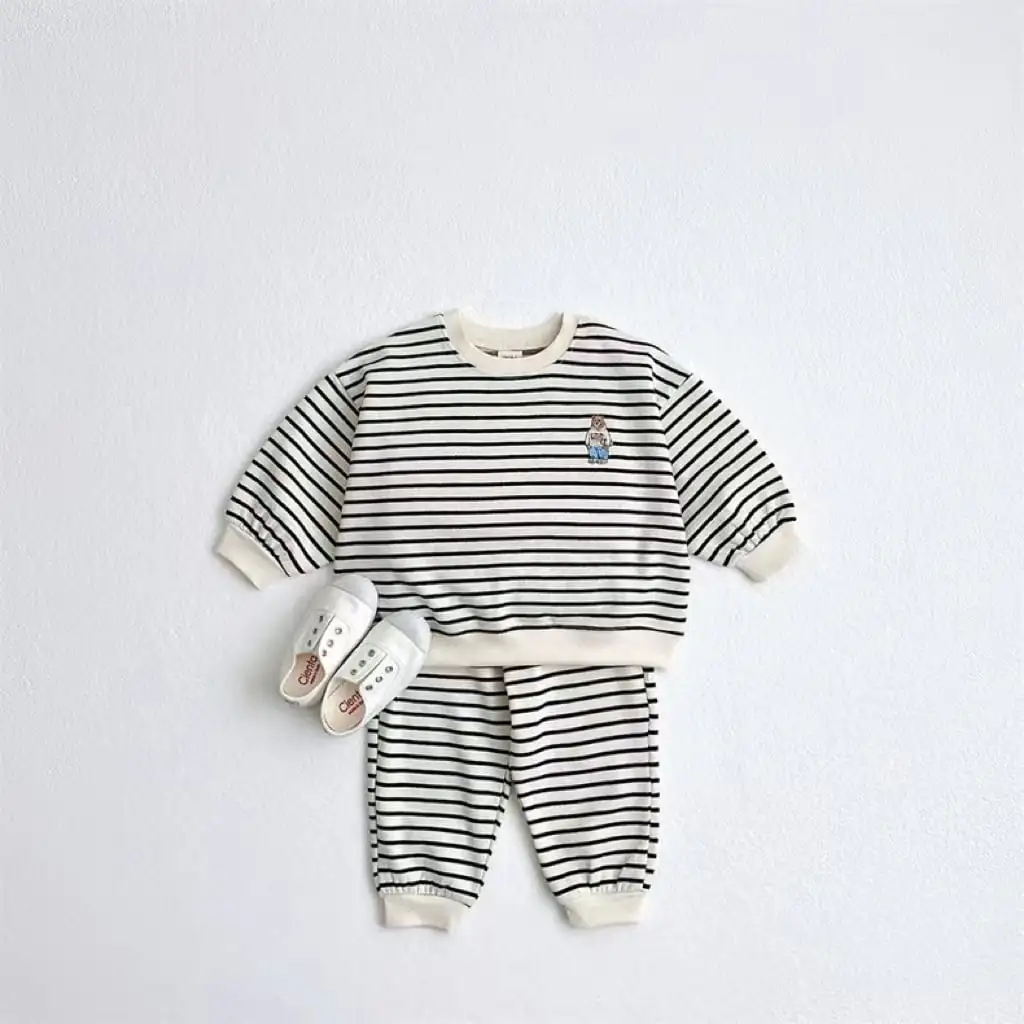 【73-100】BABY 4カラー 可愛いクマロゴボーダー柄セットアップ（納期10日程度）