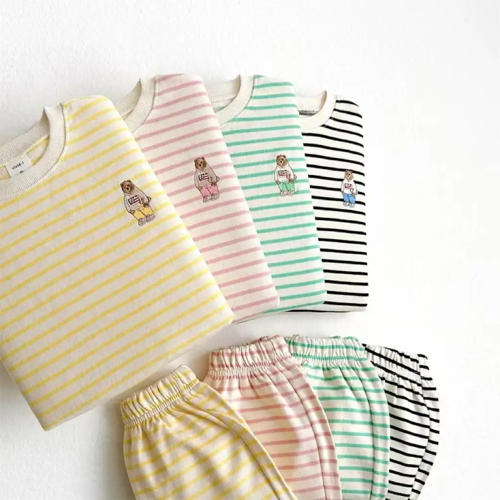 【73-100】BABY 4カラー 可愛いクマロゴボーダー柄セットアップ（納期10日程度）