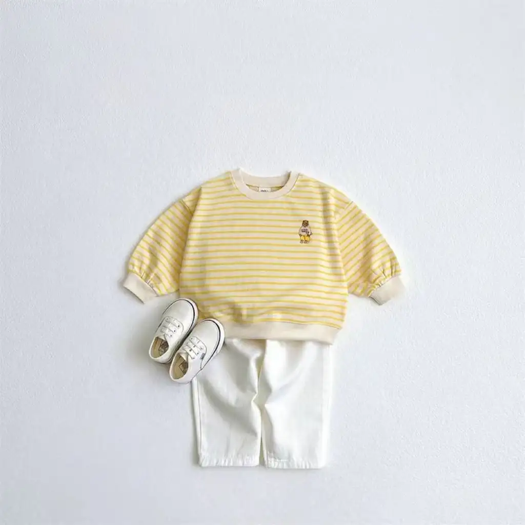 【73-100】BABY 4カラー 可愛いクマロゴボーダー柄セットアップ（納期10日程度）