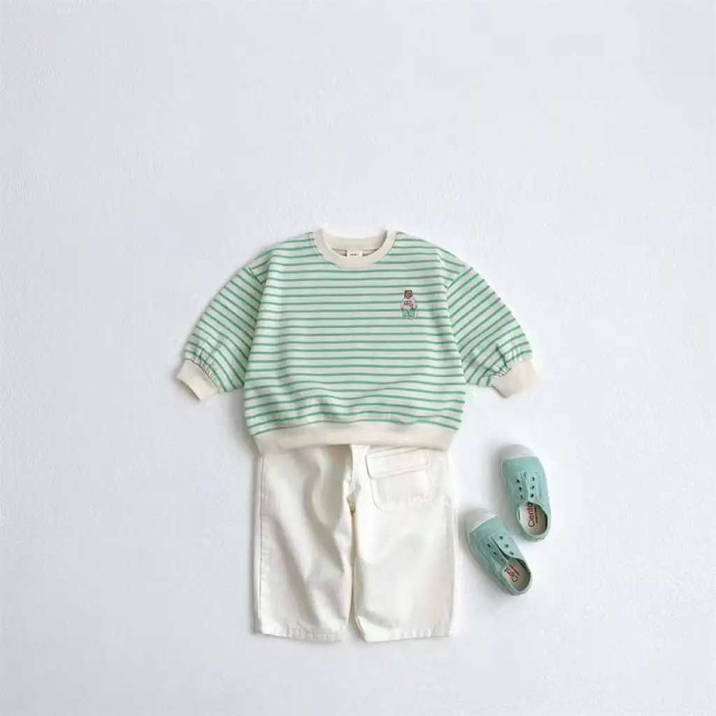 【73-100】BABY 4カラー 可愛いクマロゴボーダー柄セットアップ（納期10日程度）