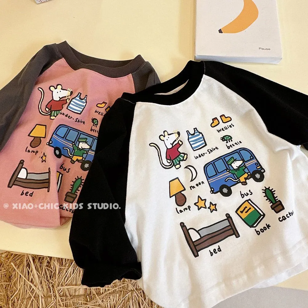 【80-130cm】2色選べる 絶対流行 子供服 純綿 長袖 Tシャツ 春秋 韓国 アニメー ラウンドネック トップス