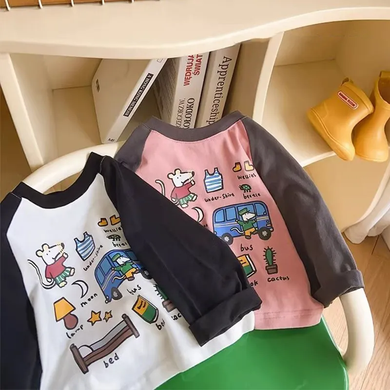 【80-130cm】2色選べる 絶対流行 子供服 純綿 長袖 Tシャツ 春秋 韓国 アニメー ラウンドネック トップス