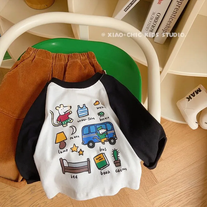 【80-130cm】2色選べる 絶対流行 子供服 純綿 長袖 Tシャツ 春秋 韓国 アニメー ラウンドネック トップス