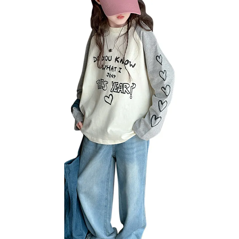 【120-170】韓国 配色 アルファベット ハート柄 春 春服 子供服 女の子 キッズ ジュニア トップス 長袖 Tシャツ カットソー