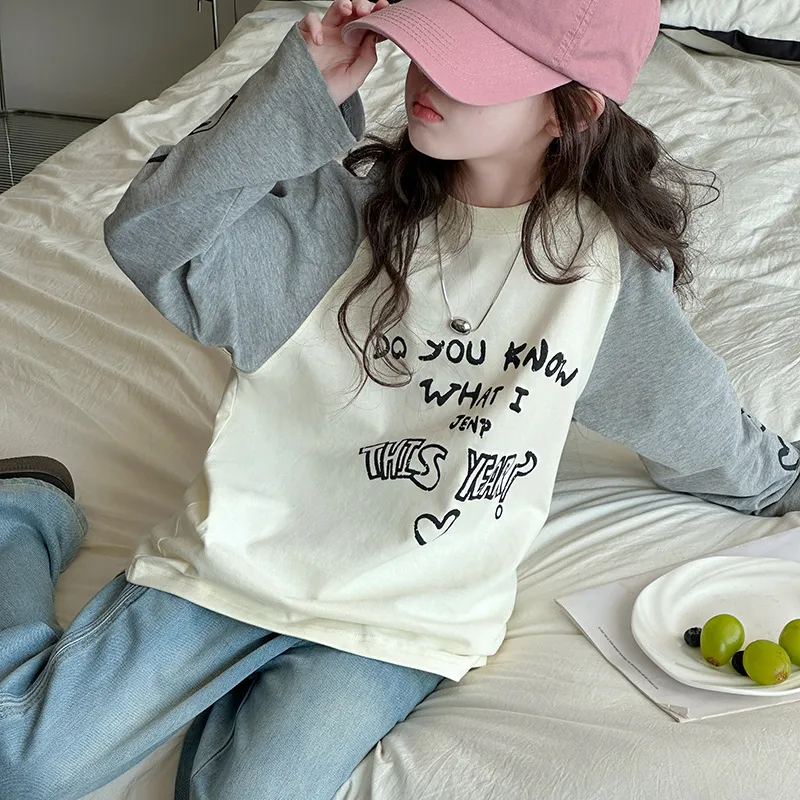 【120-170】韓国 配色 アルファベット ハート柄 春 春服 子供服 女の子 キッズ ジュニア トップス 長袖 Tシャツ カットソー
