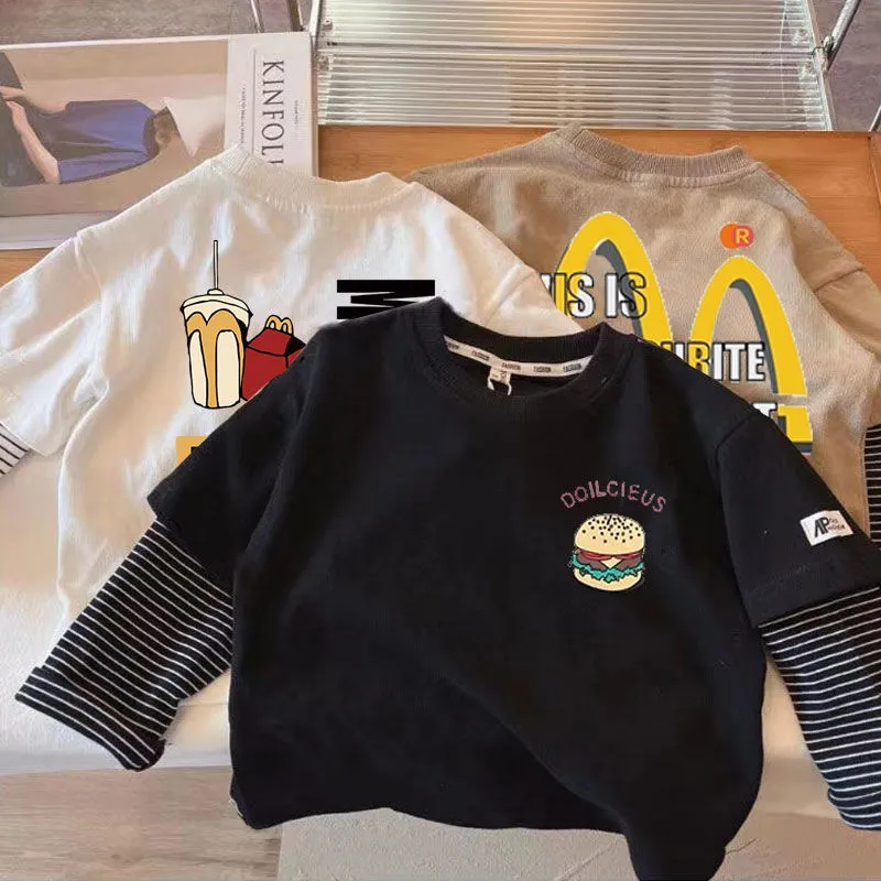 【80-140】春夏物新作 かわいい 普段着 男の子 プリント 袖切り替え 長袖Tシャツ