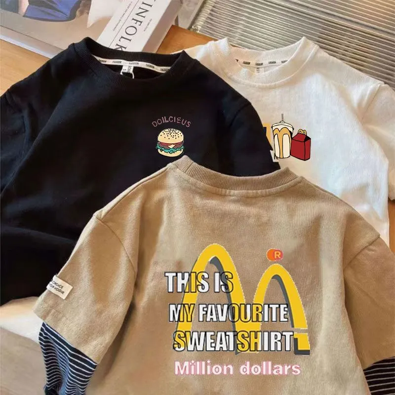 【80-140】春夏物新作 かわいい 普段着 男の子 プリント 袖切り替え 長袖Tシャツ
