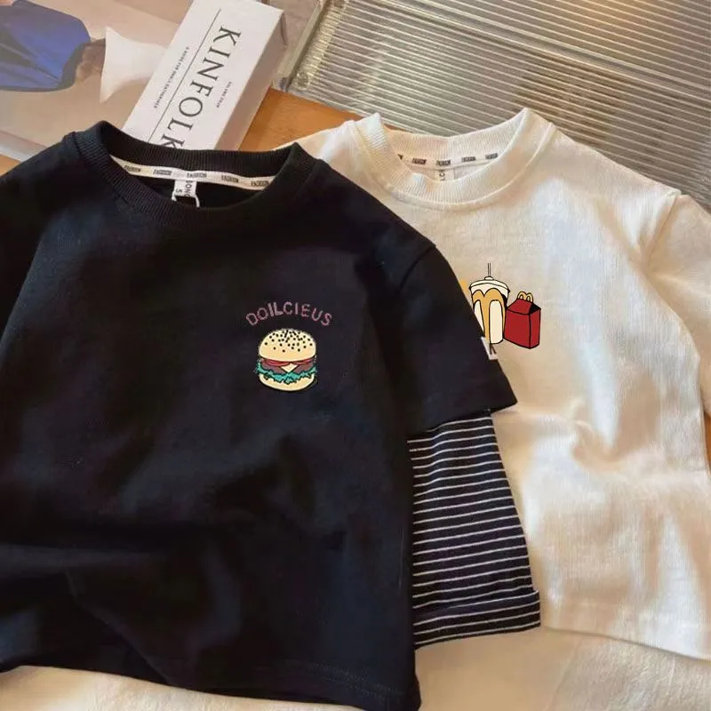 【80-140】春夏物新作 かわいい 普段着 男の子 プリント 袖切り替え 長袖Tシャツ