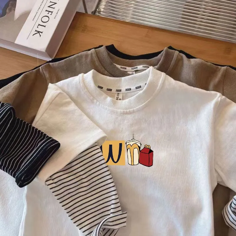 【80-140】春夏物新作 かわいい 普段着 男の子 プリント 袖切り替え 長袖Tシャツ