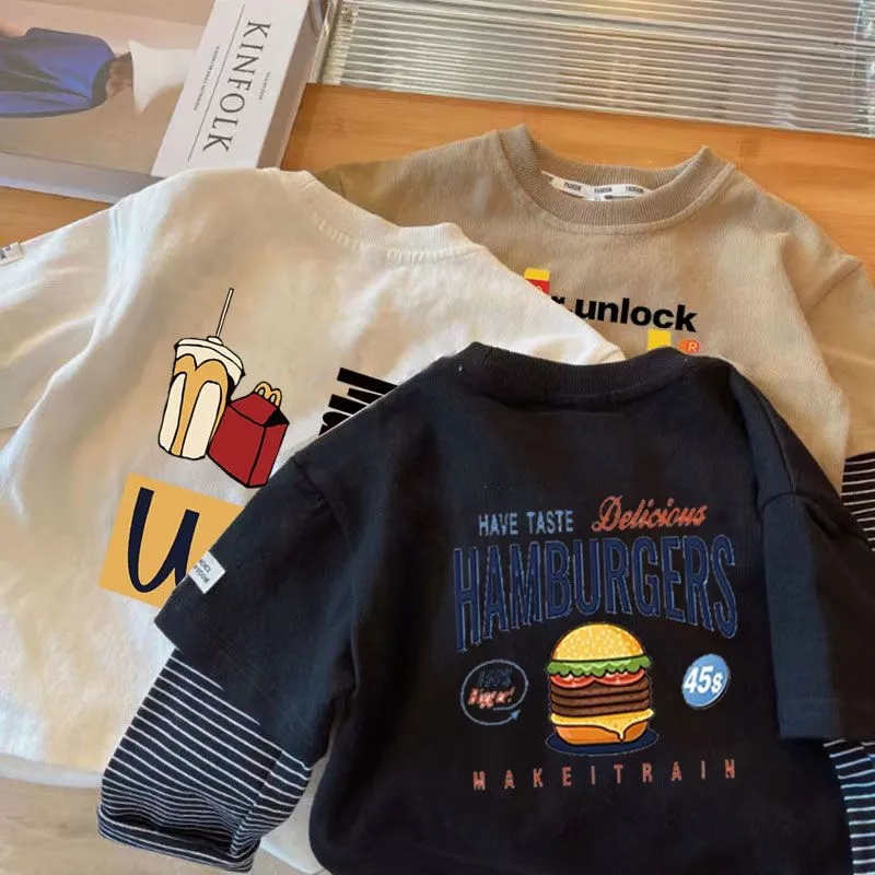 【80-140】春夏物新作 かわいい 普段着 男の子 プリント 袖切り替え 長袖Tシャツ