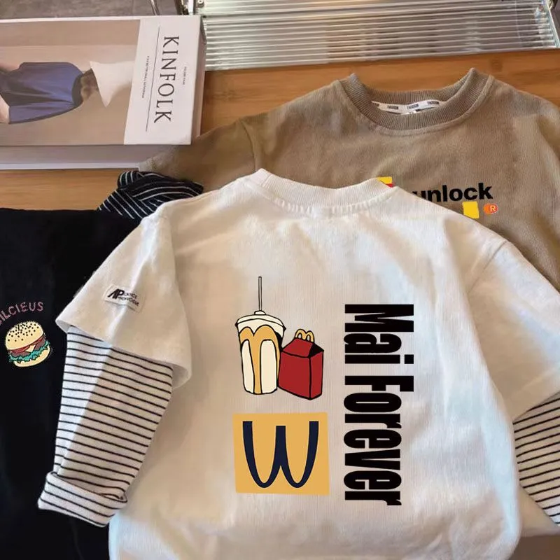 【80-140】春夏物新作 かわいい 普段着 男の子 プリント 袖切り替え 長袖Tシャツ