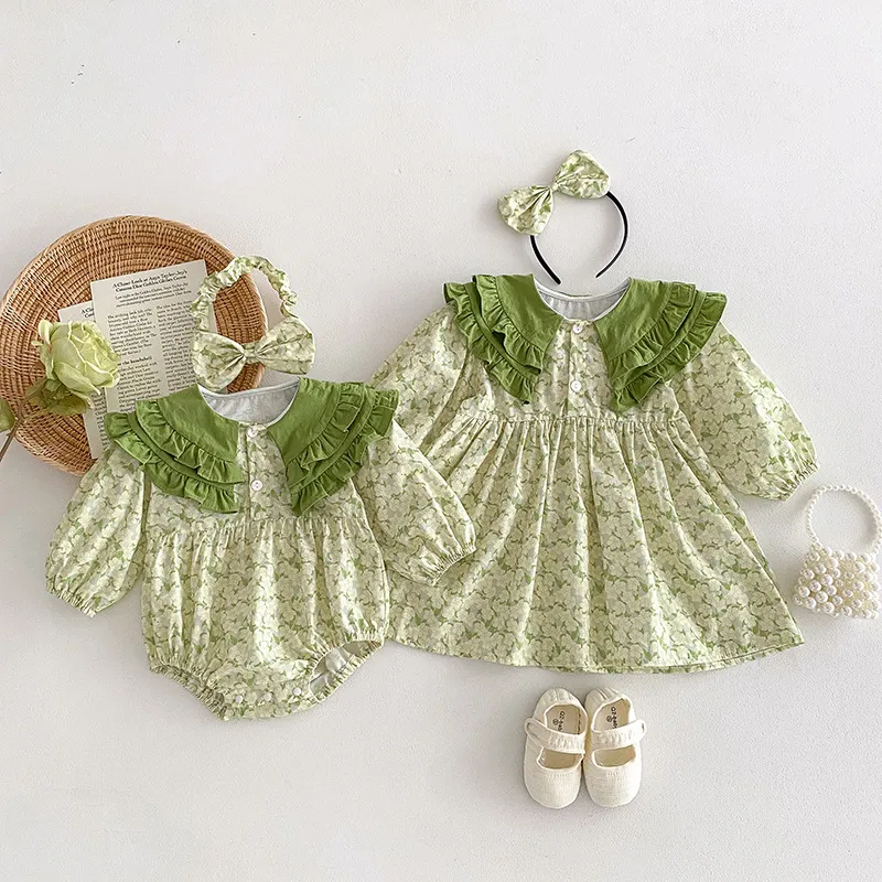 【66-120cm】姉妹お揃い 人気上昇中 韓国風ファッション プリント 小柄 長袖 ベビー服 女の子 ワンピース/ロンパース