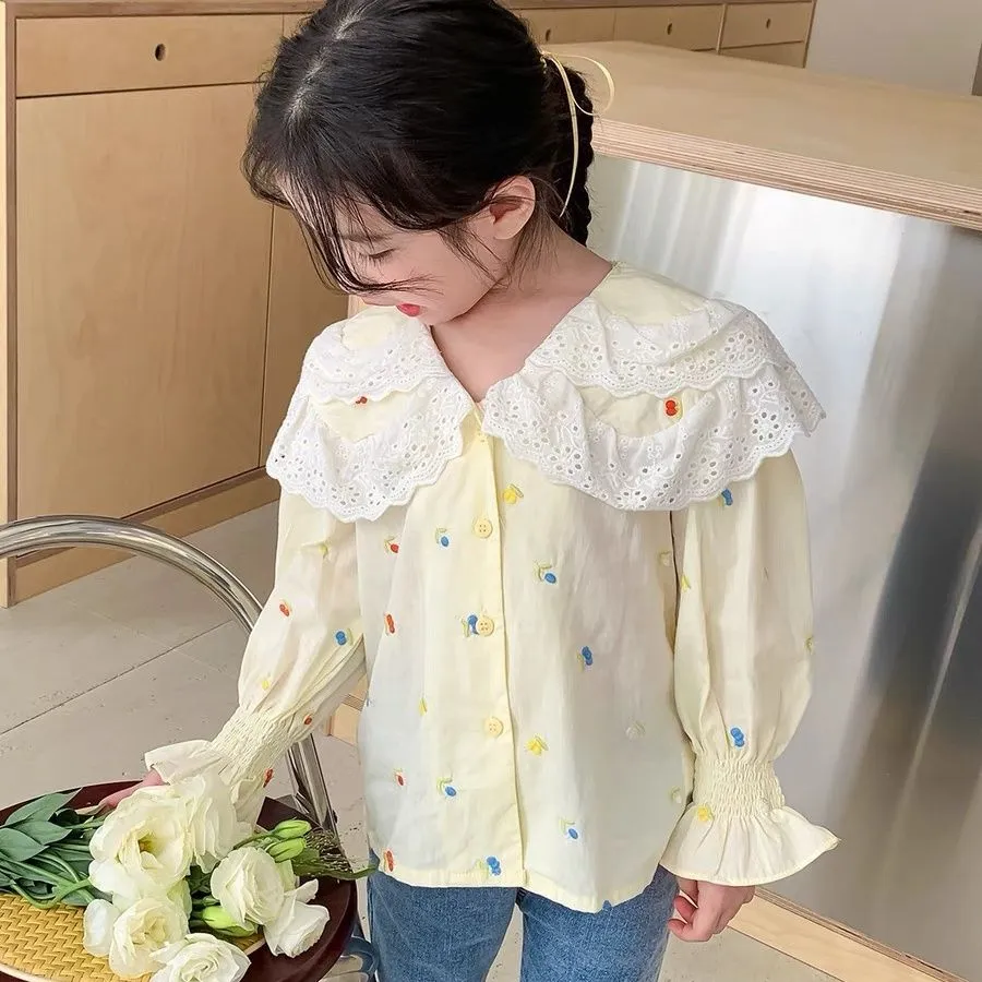 【90-140cm】上品な可愛さ スウィート 清新 キュート 無地 刺繍 子供服 女の子 春秋 シャッツ トップス