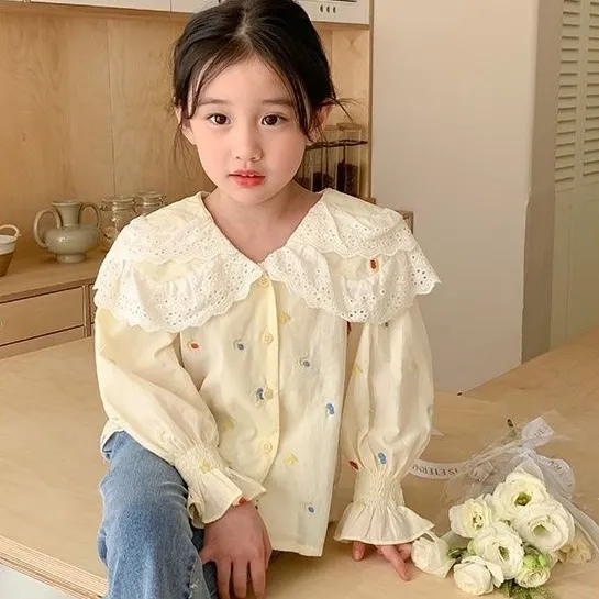 【90-140cm】上品な可愛さ スウィート 清新 キュート 無地 刺繍 子供服 女の子 春秋 シャッツ トップス