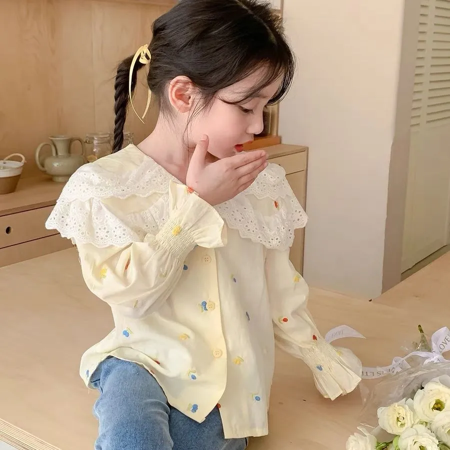 【90-140cm】上品な可愛さ スウィート 清新 キュート 無地 刺繍 子供服 女の子 春秋 シャッツ トップス