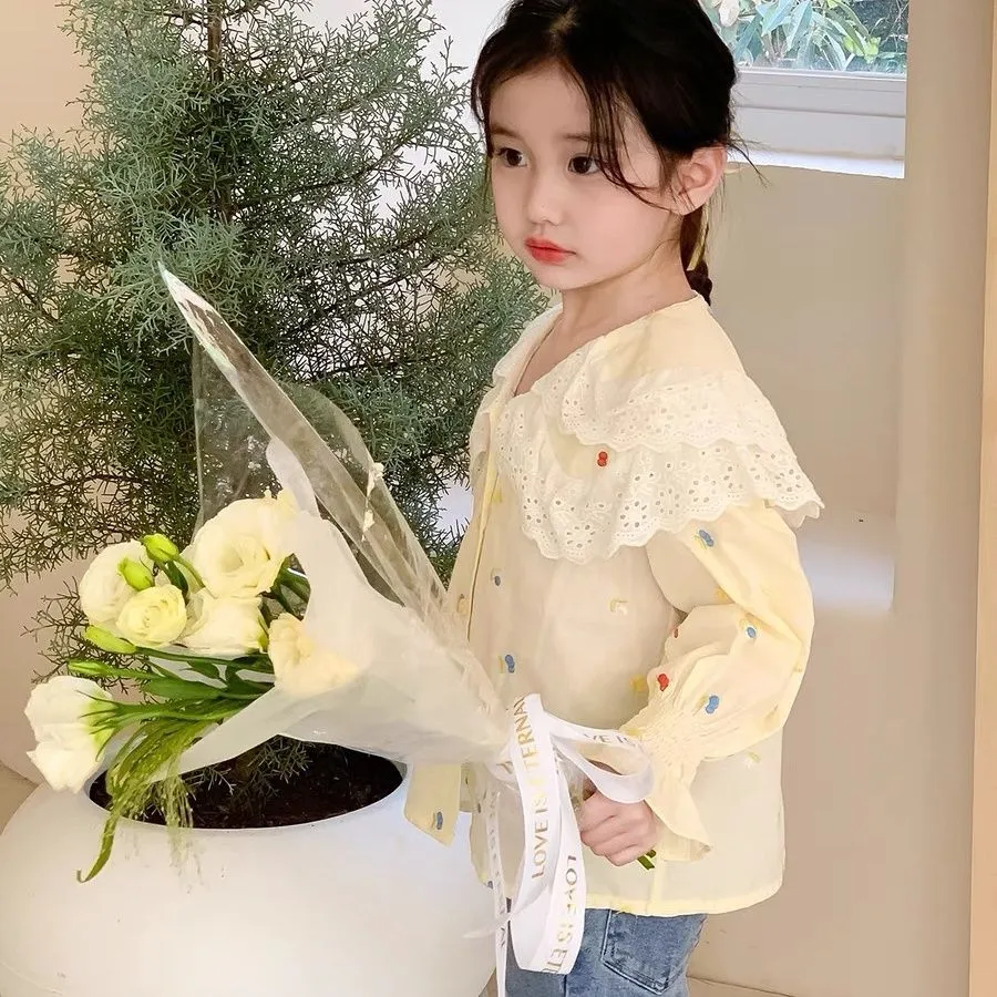 【90-140cm】上品な可愛さ スウィート 清新 キュート 無地 刺繍 子供服 女の子 春秋 シャッツ トップス