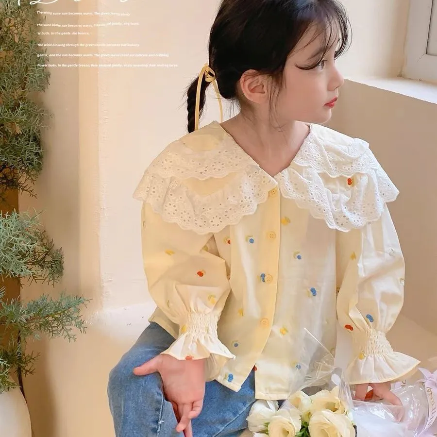 【90-140cm】上品な可愛さ スウィート 清新 キュート 無地 刺繍 子供服 女の子 春秋 シャッツ トップス