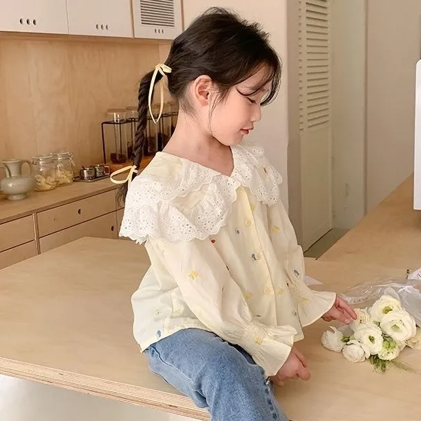 【90-140cm】上品な可愛さ スウィート 清新 キュート 無地 刺繍 子供服 女の子 春秋 シャッツ トップス