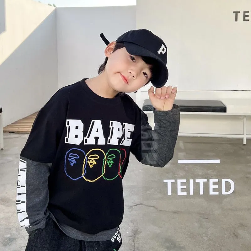 【100-160】大人気 カッコイイ 合わせやすい フェイクレイヤード 長袖 Tシャツ