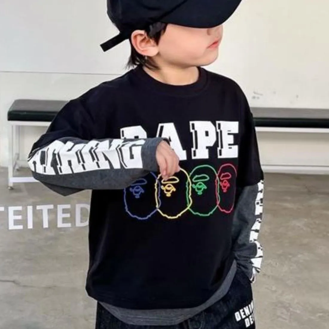 【100-160】大人気 カッコイイ 合わせやすい フェイクレイヤード 長袖 Tシャツ