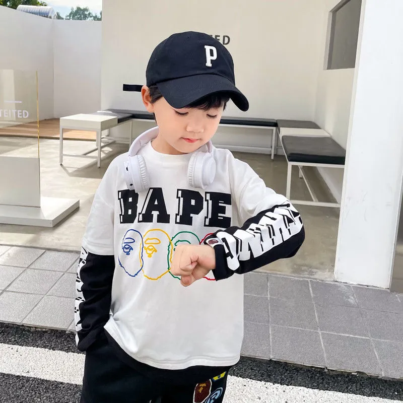 【100-160】大人気 カッコイイ 合わせやすい フェイクレイヤード 長袖 Tシャツ