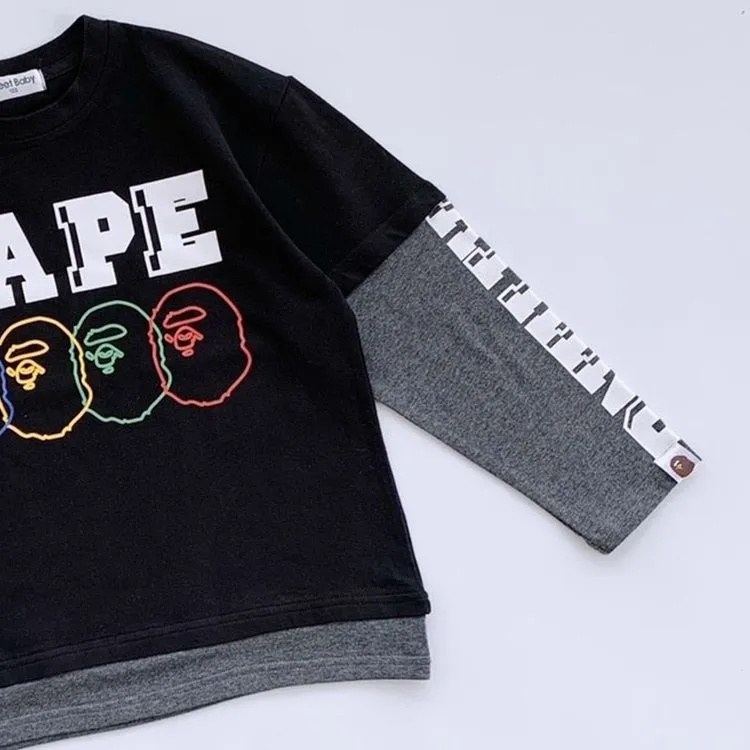 【100-160】大人気 カッコイイ 合わせやすい フェイクレイヤード 長袖 Tシャツ