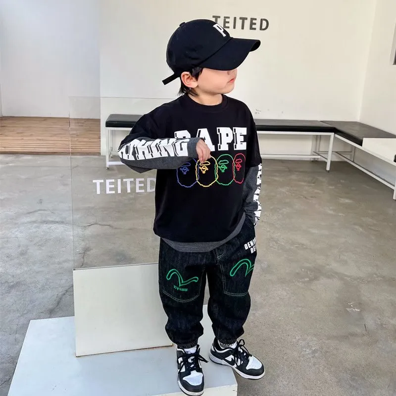 【100-160】大人気 カッコイイ 合わせやすい フェイクレイヤード 長袖 Tシャツ