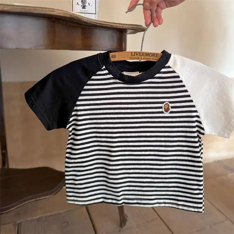 【80-150】大人気 シンプル 着心地良い ボーダー バイカラー 半袖 Tシャツ