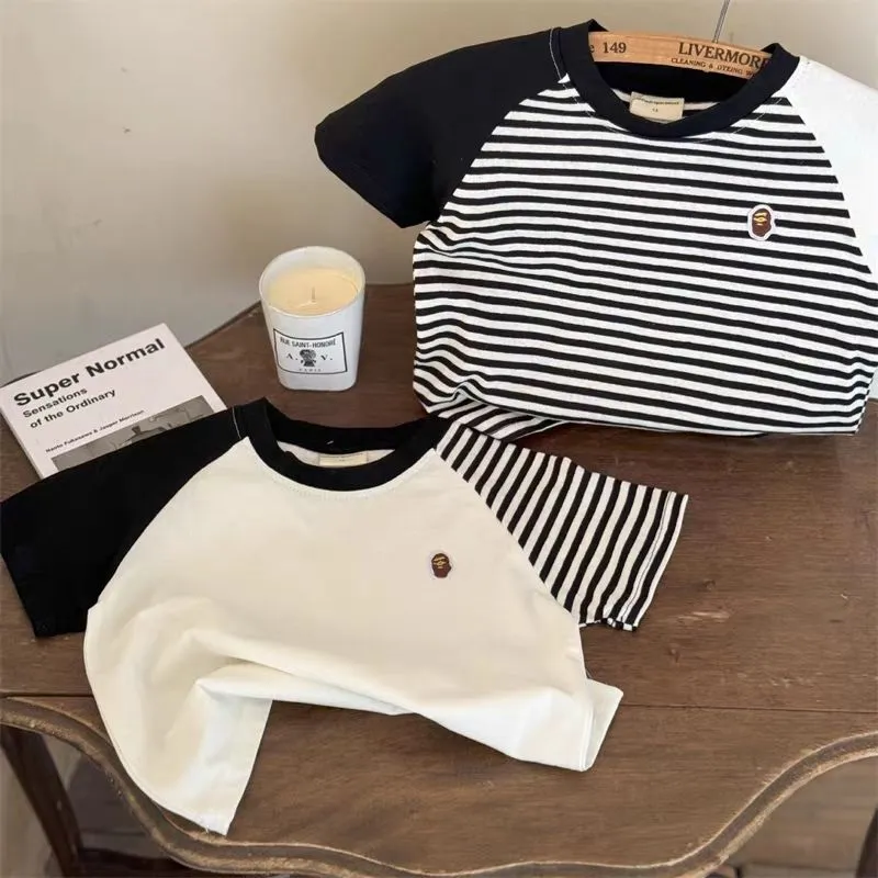 【80-150】大人気 シンプル 着心地良い ボーダー バイカラー 半袖 Tシャツ