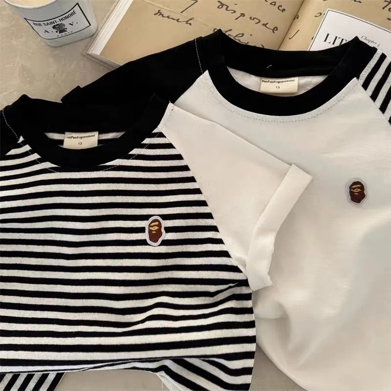 【80-150】大人気 シンプル 着心地良い ボーダー バイカラー 半袖 Tシャツ