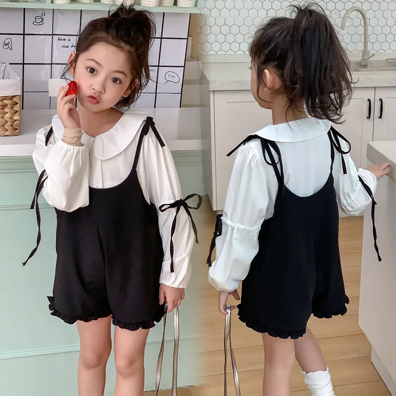 単品注文【90-150cm】エレガント 子供服 スーツ 春秋 女の子 レース シャツ オーバーオール 無地 折り襟 韓国系 キュート ストラップ/シャツ