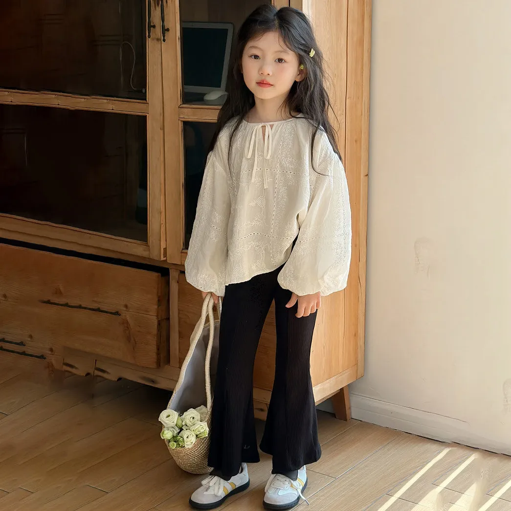 【100-150cm】欠かせない エレガントスウィート 刺繍 レース キッズ 女の子 ブラウス トップス