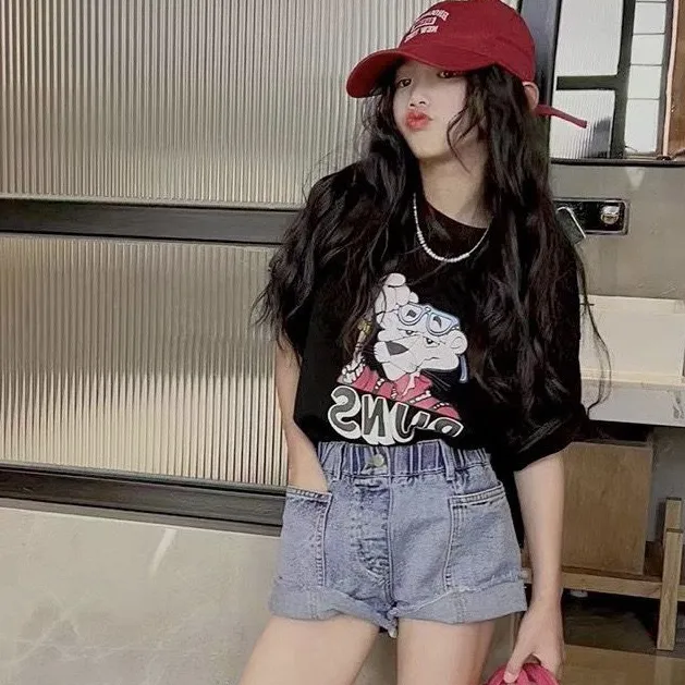 【100-160】可愛い 韓国 プリント カートゥーン 夏 子供服 女の子 キッズ ジュニア トップス 半袖 カットソー Tシャツ