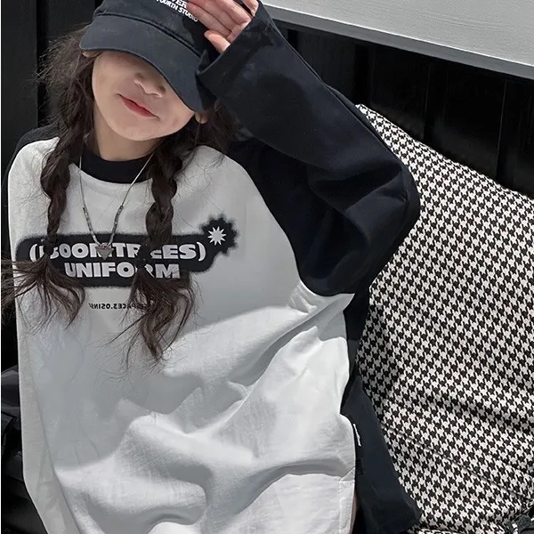 【120-170】韓国 配色 アルファベット ゆったり 春秋 子供服 女の子 キッズ ジュニア トップス 長袖 Ｔシャツ